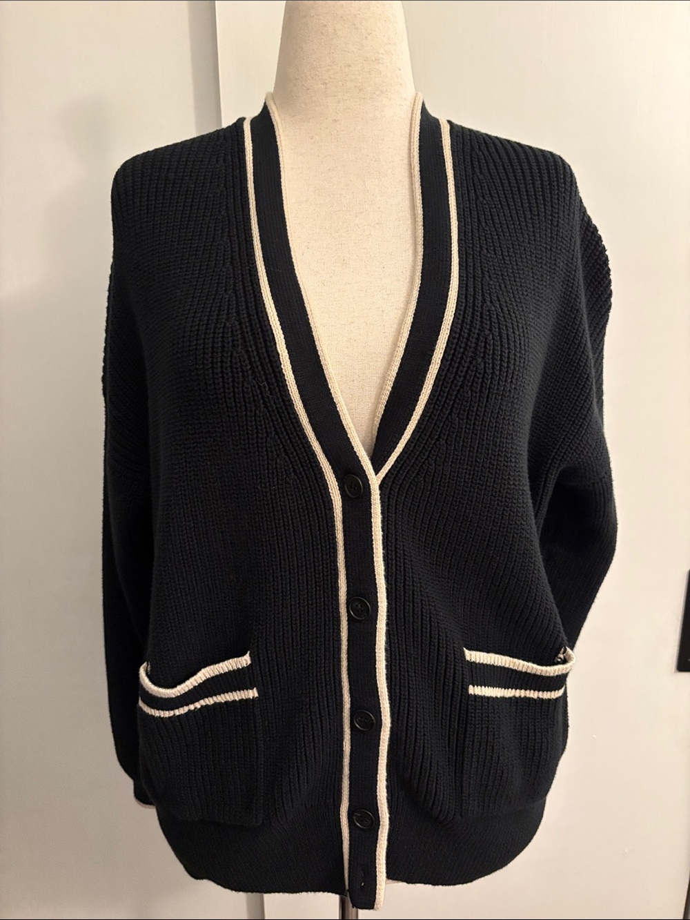 J. Crew Black Cardigan with Cream Trim